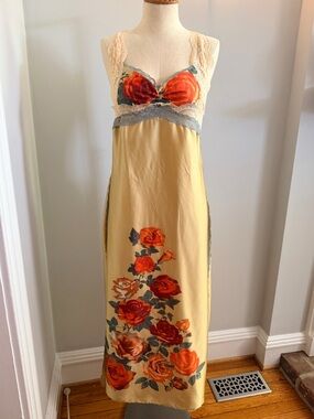 Free People Yellow Satin Floral Lace-Trim Chemise